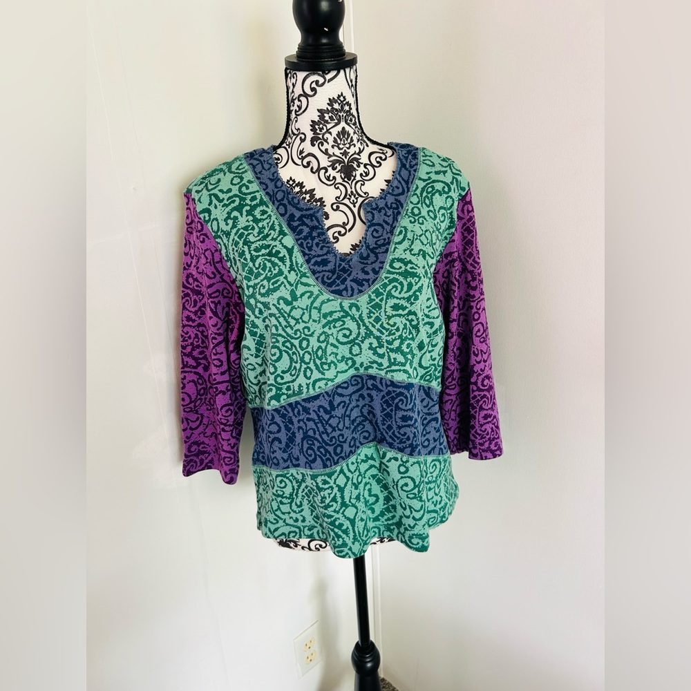 Hearts of Palm Women’s Vintage Colorful 3/4 Sleeve Patchwork Cotton Top Size M